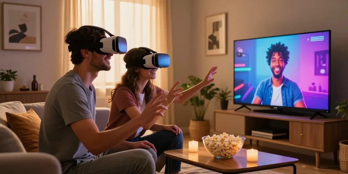 Couple experiencing sex AI technology through VR headsets in a cozy living room, showcasing modern intimacy.