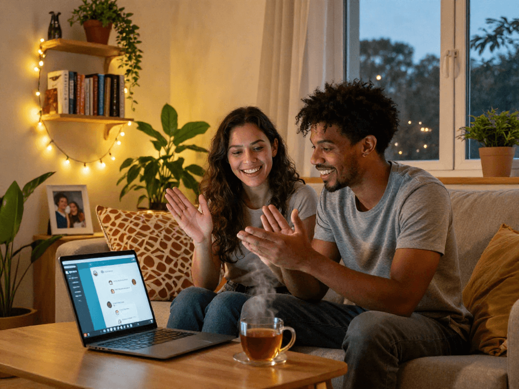 Engaging sexchat scene featuring a couple smiling during a cozy video call, laptop open with a chat application.