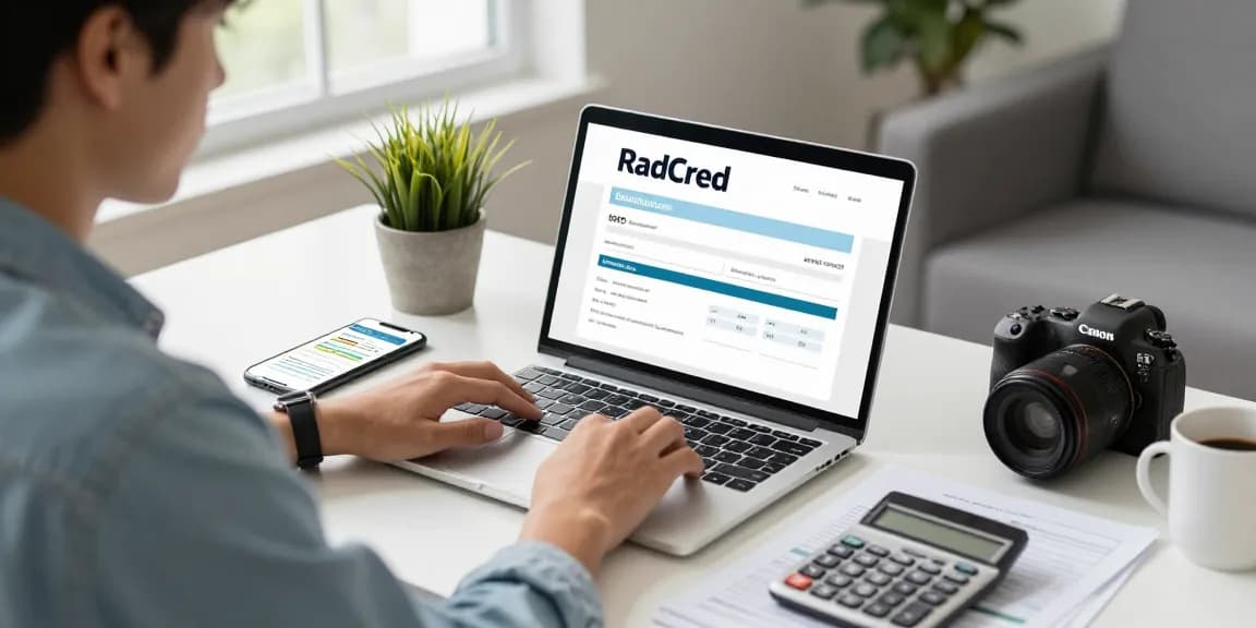 Apply for $800 loan at RadCred in a modern home office, focused young adult using a laptop and financial tools.