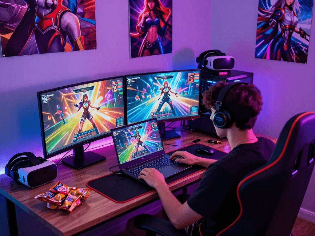Engaging scene of a player enjoying hentai games with vibrant gaming setup and immersive atmosphere.