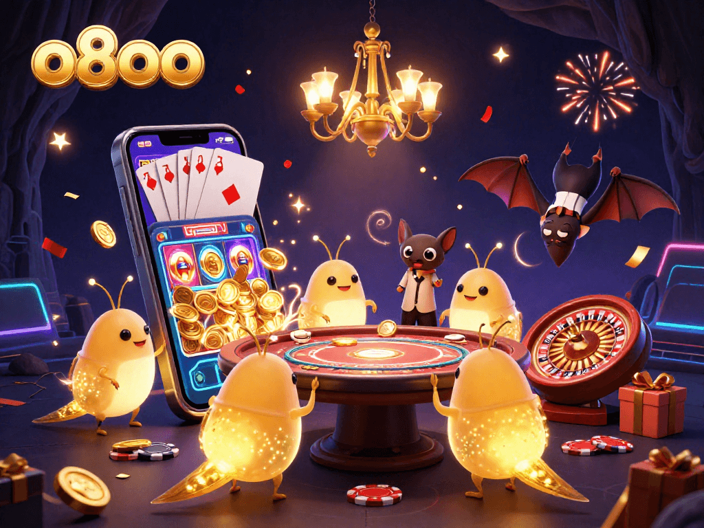 Experience the excitement of o8oo casino with glowing glowworms lighting up the action in this vibrant illustration.
