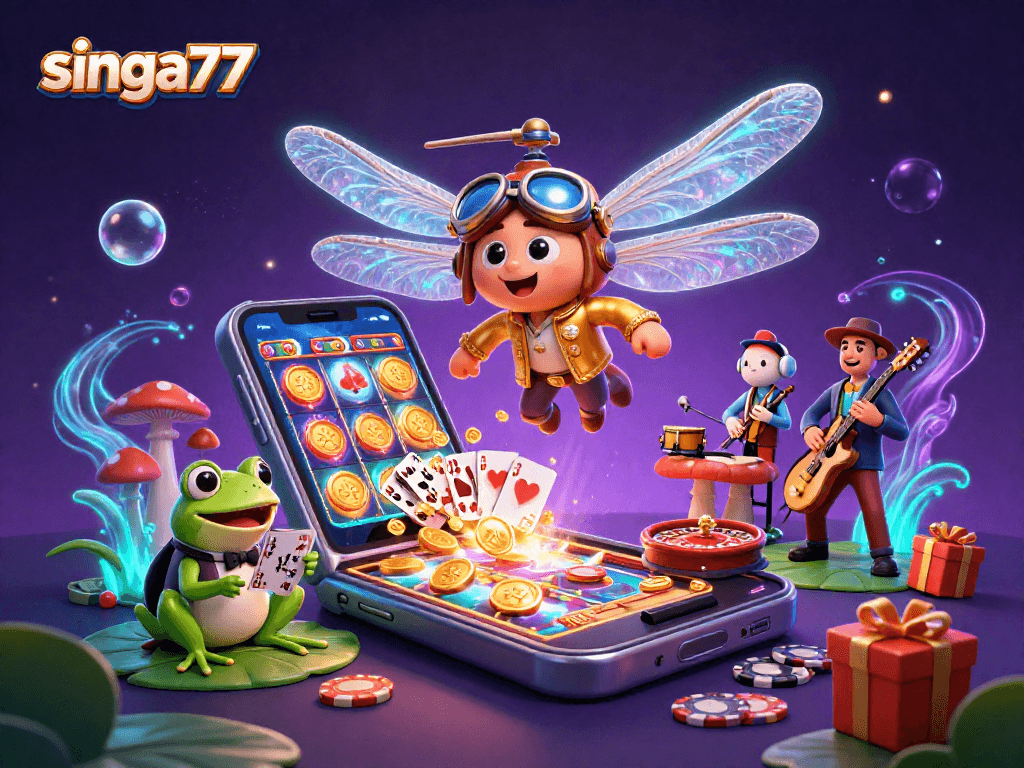 Singa77 showcases a vibrant casino scene with a dragonfly pilot, frog croupier, and musical crickets.
