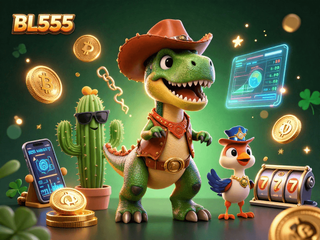 Immerse in the thrill of gambling at BL555 with interactive slot reels and lively characters