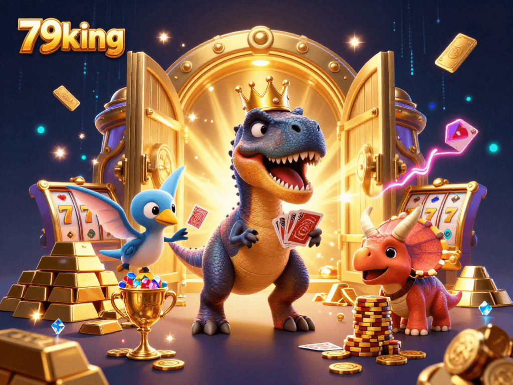79king casino scene depicting a T-Rex playing cards, enhancing gaming excitement with unique characters.