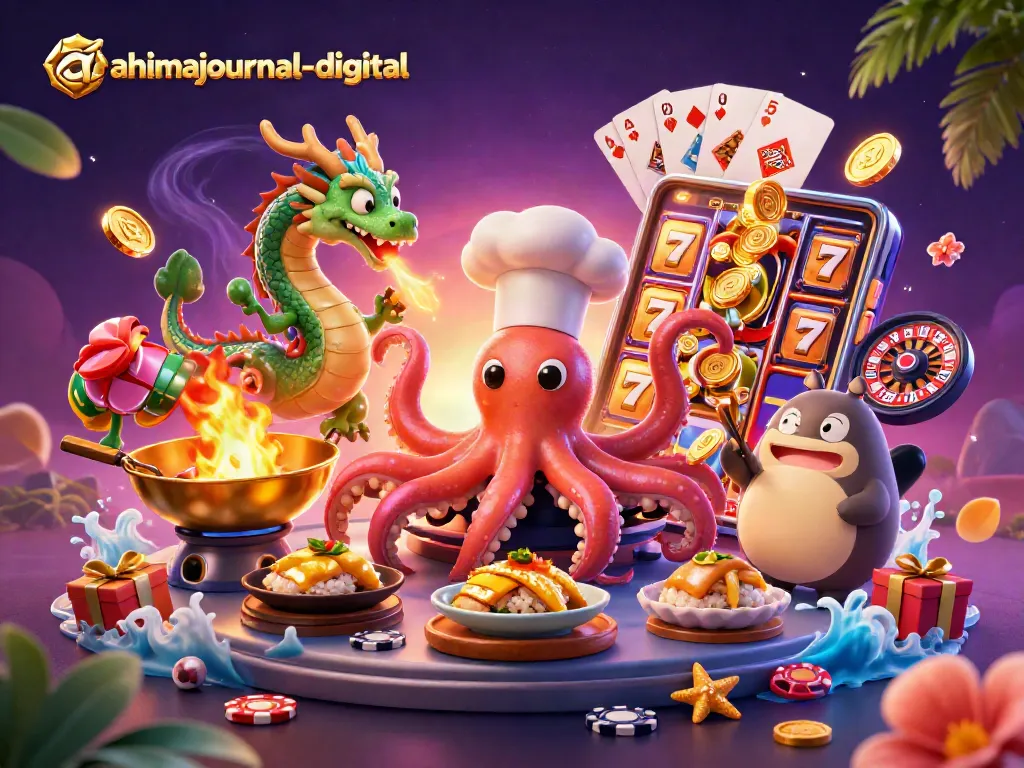 Engage with ahimajournal-digital through a vibrant illustration of a sushi chef octopus surrounded by slot game excitement.