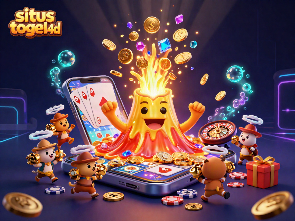 Join the excitement of situs togel 4d with a golden volcano erupting treasures in this vibrant casino scene.