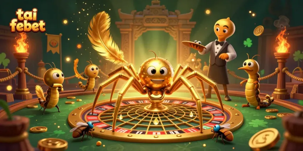 Engage in the dynamic betting scene with tai febet featuring a golden spider and croupier in a casino atmosphere.