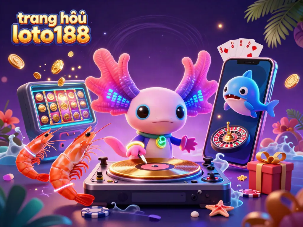 Experience the vibrant gaming world with trang chủ loto188 featuring an axolotl DJ, glowing characters, and casino elements.