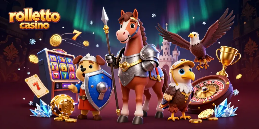 Experience rolletto casino action with knights, puppies, and golden games in this vibrant 3D illustration.