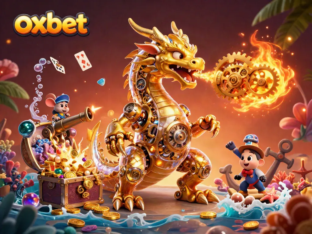 Experience top-notch gaming with oxbet's vibrant casino atmosphere, featuring a golden dragon and treasure.