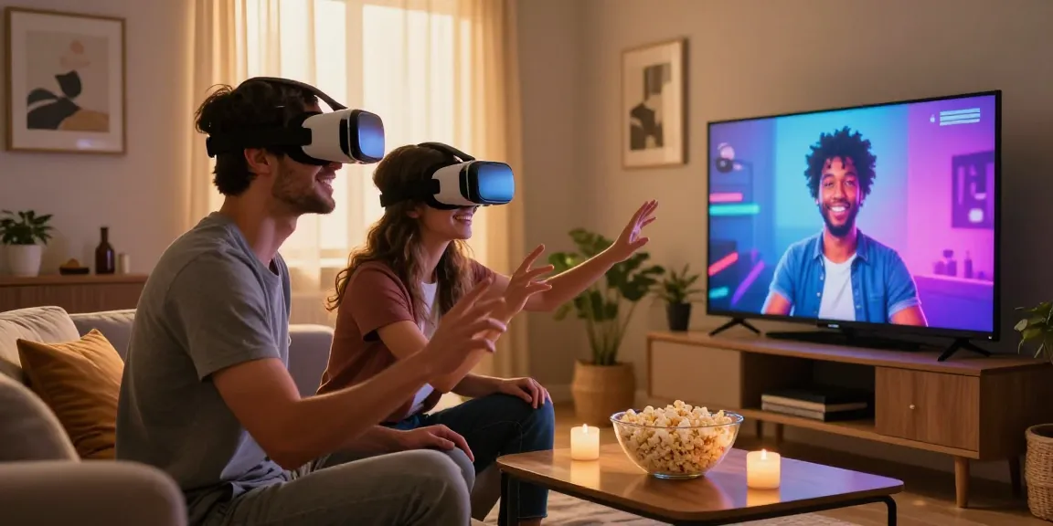 Couple experiencing sex AI technology through VR headsets in a cozy living room, showcasing modern intimacy.