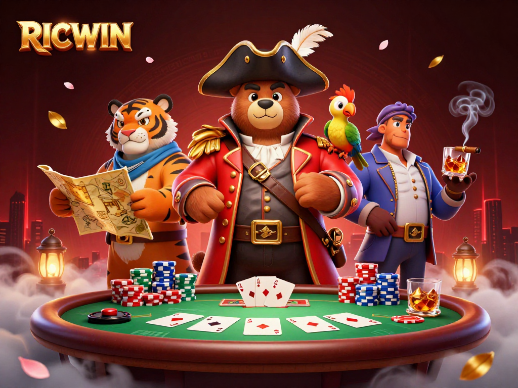 Win big with RICWIN in this vibrant 3D pirate-themed poker scene!
