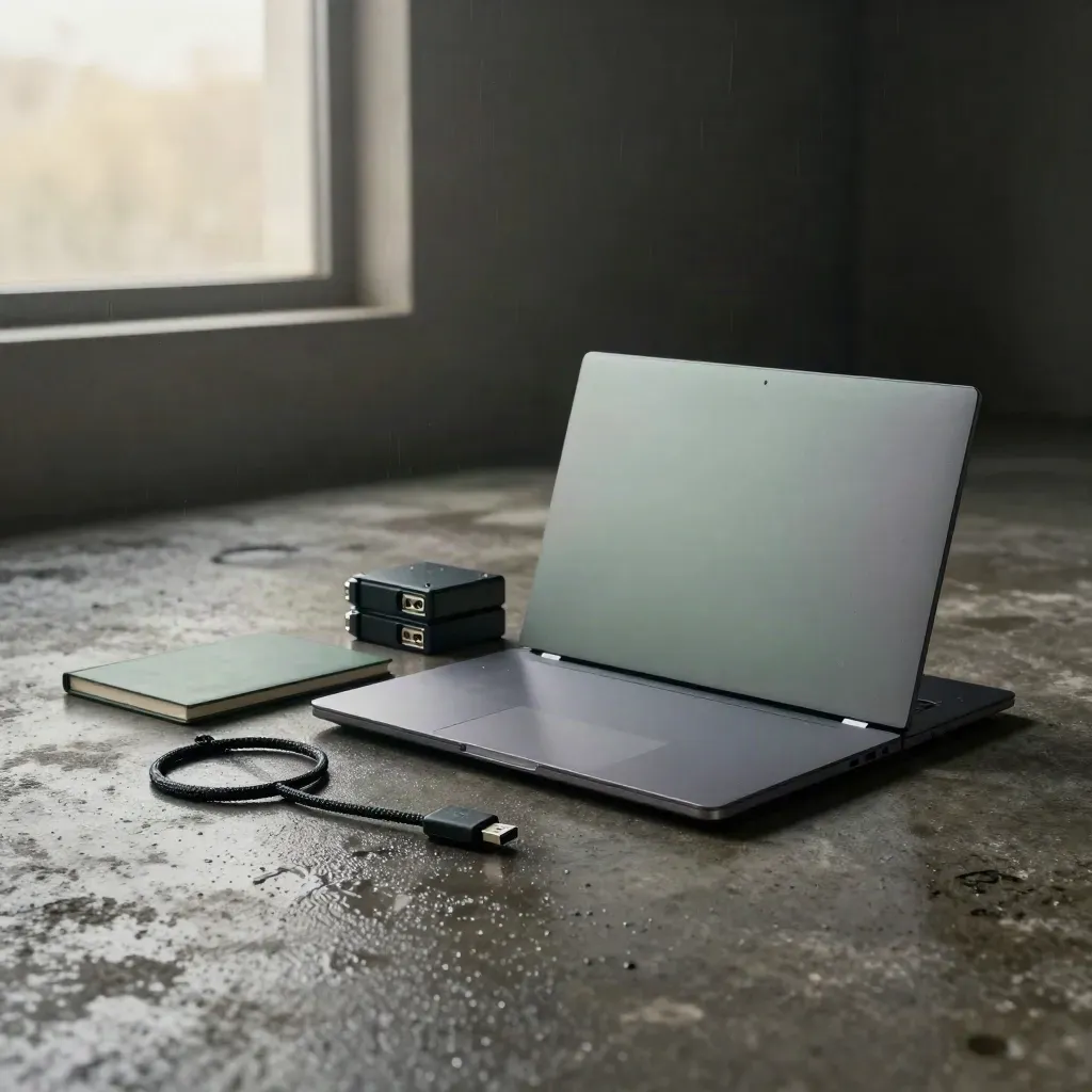 Closed laptop, adapter blocks, ethernet lead, security key and notebook on wet concrete in drizzle
