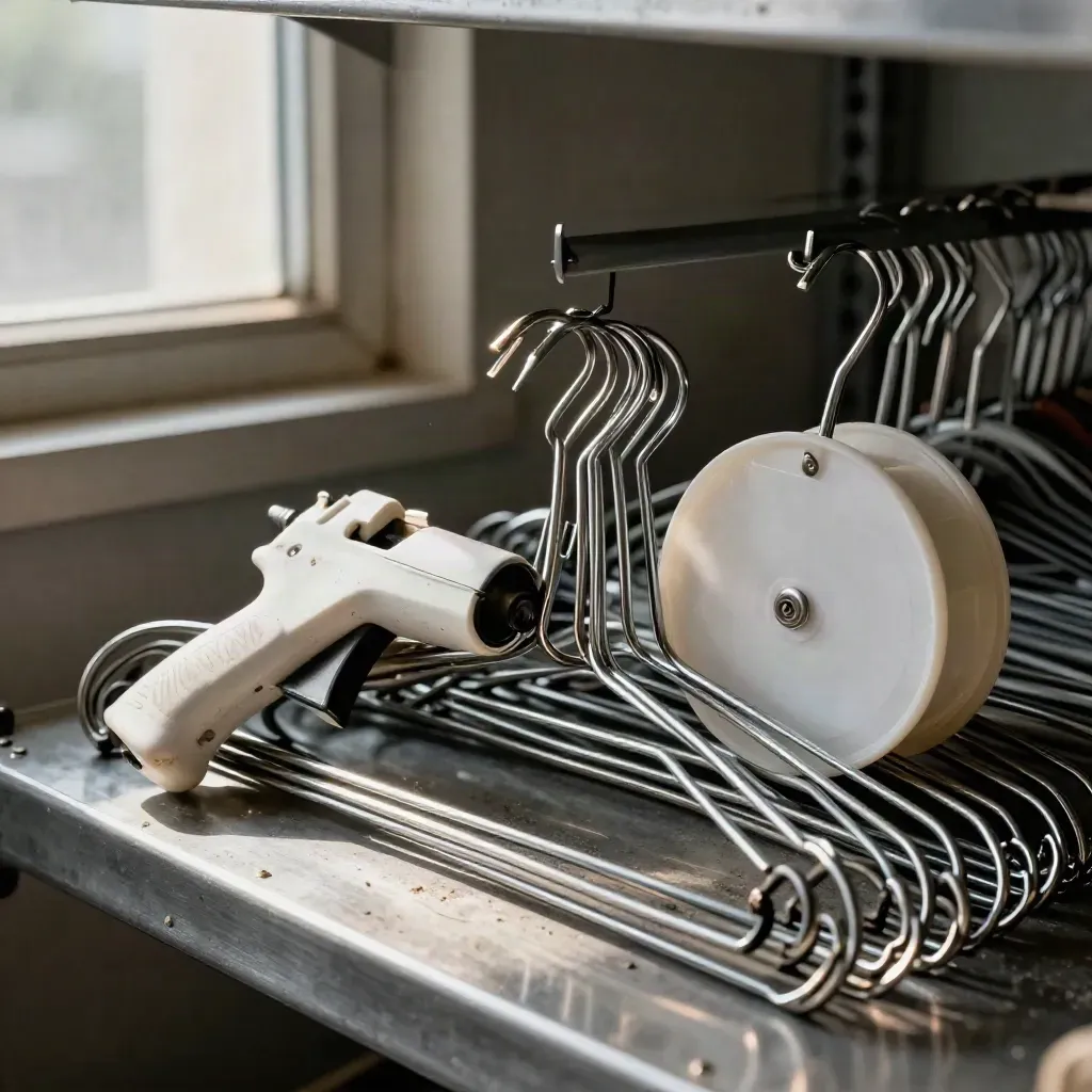 Retail display hooks, tagging gun, reel, and hangers on brushed metal under skimming light.
