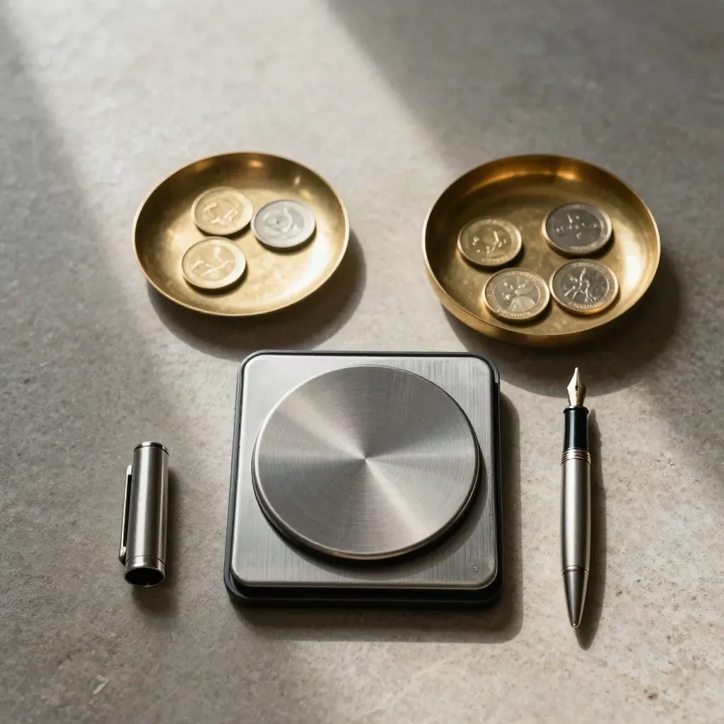 Brushed steel scale, brass coin trays, pen cap and ledger clip on grey stone