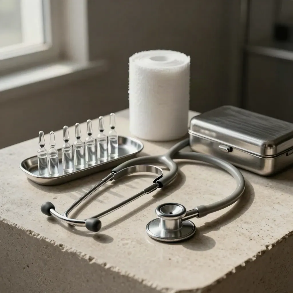 Medical still life with stethoscope, ampoule tray, gauze roll and metal case on pale stone.