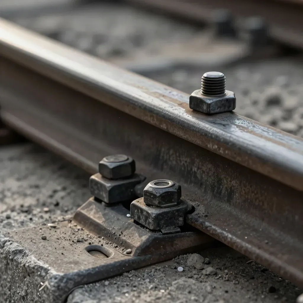 Macro of a rail track plate, bolts and clamp biting into a washer on grey concrete.