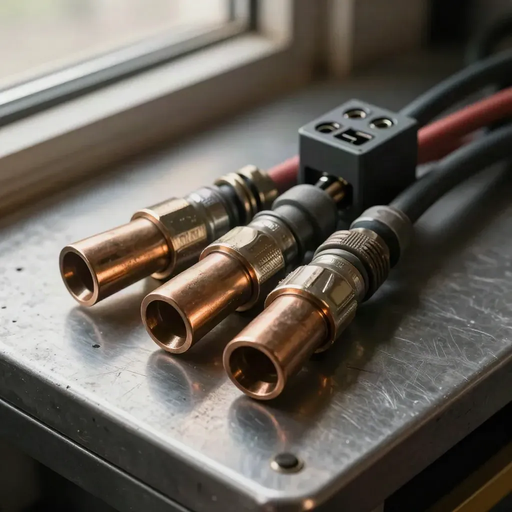 Cable lugs, relay block, ceramic insulator and braided sleeve on brushed metal