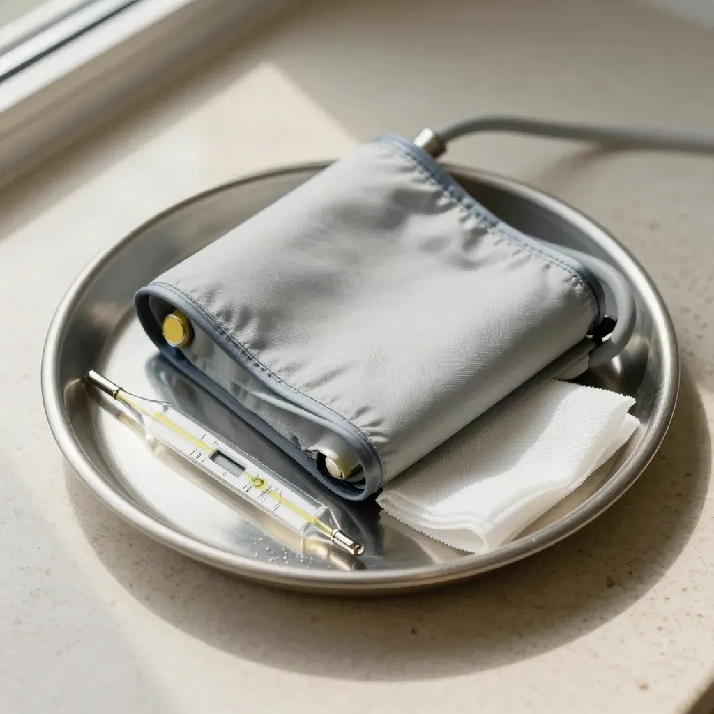 Top-down clinic kit with blood-pressure cuff, tray, thermometer sheath and gauze on travertine.