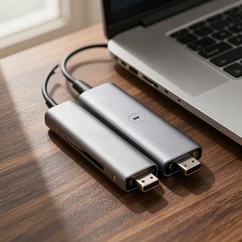 Closed aluminum laptop with USB-C hub and adapter blocks on walnut, overhead in soft light.