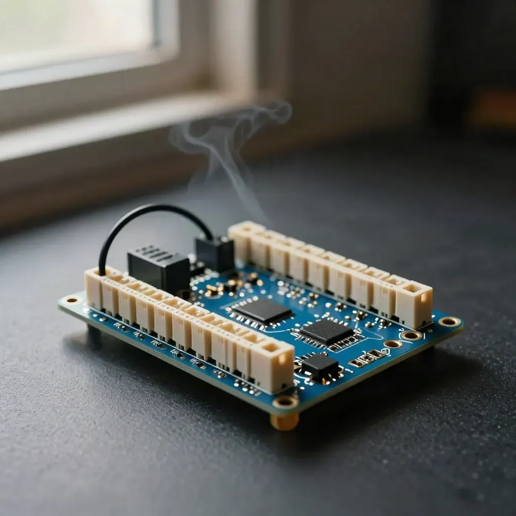 Macro still life of a breadboard prototype with microcontroller board, jumper loop and drifting smoke.