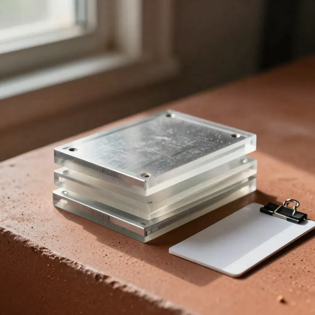Prototype stack of acrylic spacers and machined plates on terracotta clay