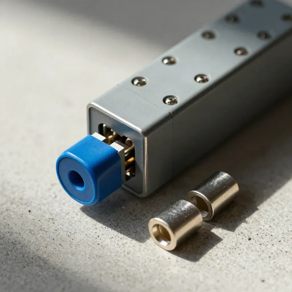 Top-down macro of a relay module, sensor puck, and cable ferrules on pale concrete