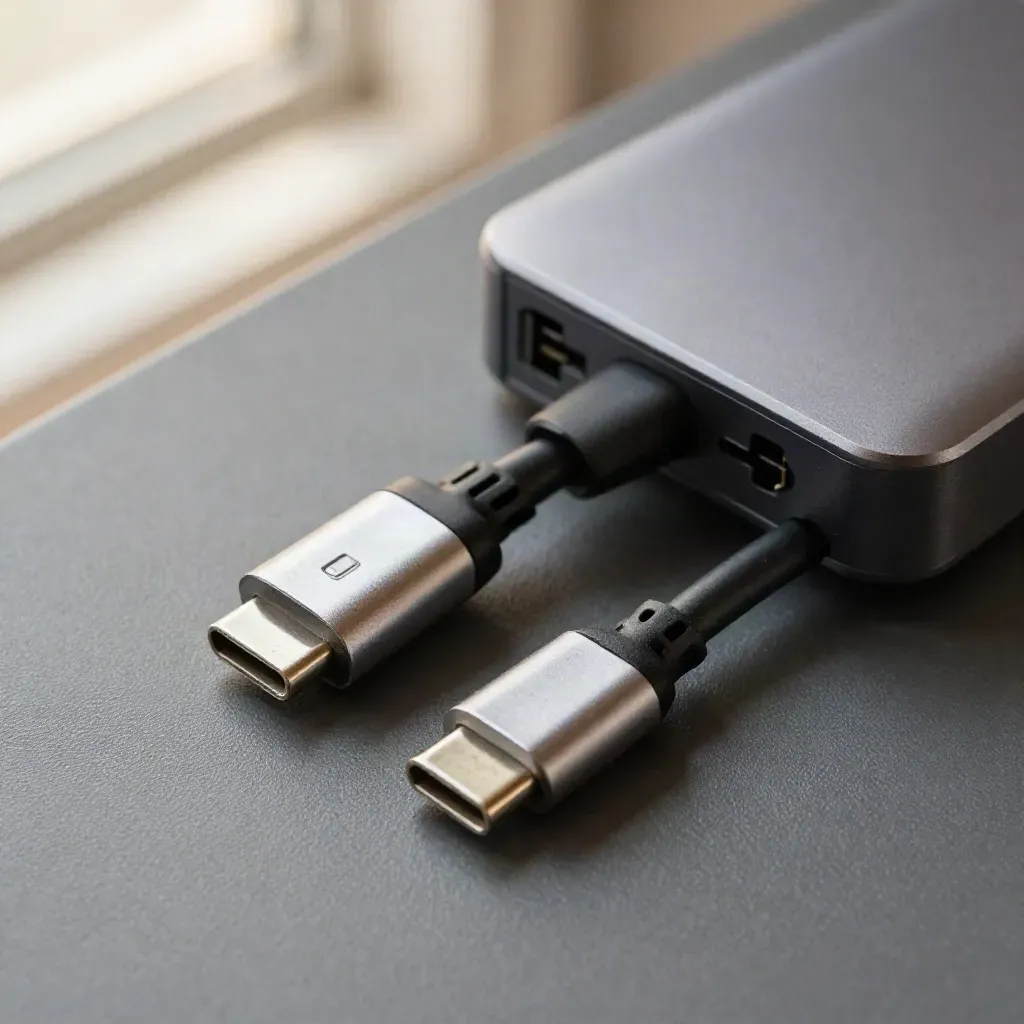 Macro still life of a USB-C dock, braided cable and adapter sleeves on graphite.