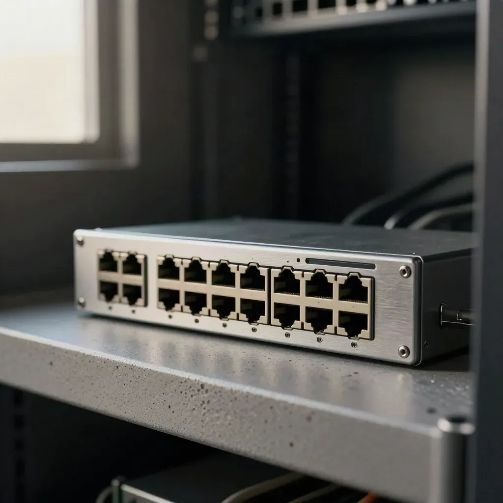 Rack-mount patch panel with turned clips and dark status bar on a concrete ledge in moody light