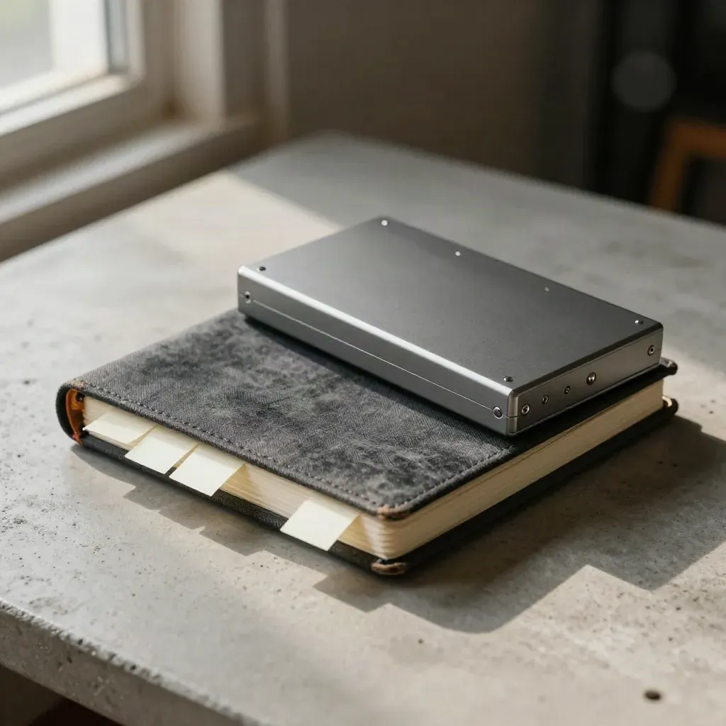 Closed notebook, white tabs and a graphite prototype enclosure on a concrete workbench, shot through a blurred edge.