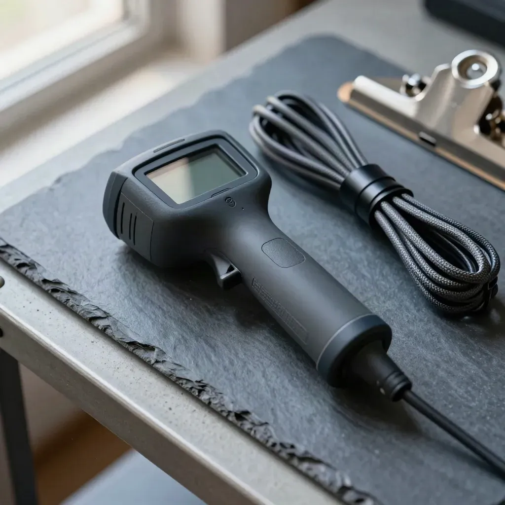 Top-down inventory scanner, cable ties and metal clipboard clip on a slate packing bench.