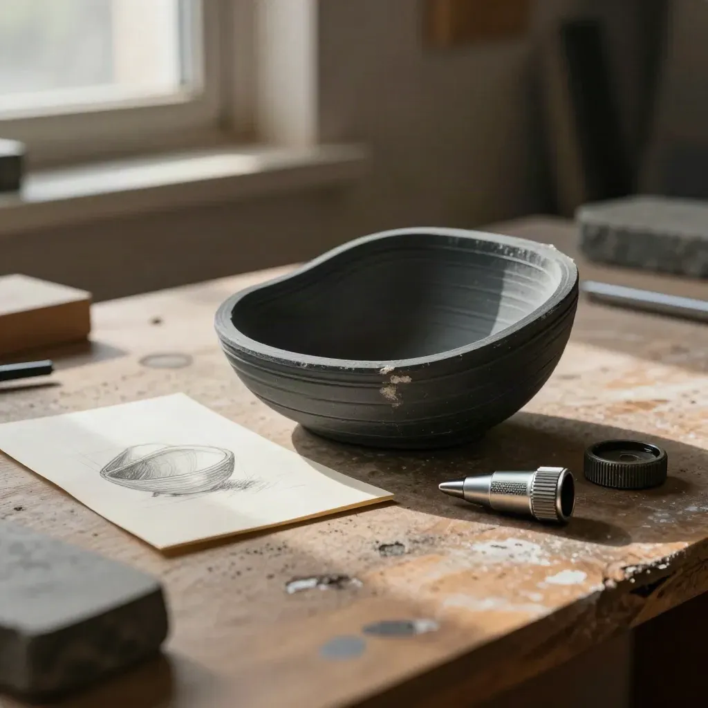 3D-printed prototype shell, folded sketch card, and machined pen cap on dark stone in moody studio light.