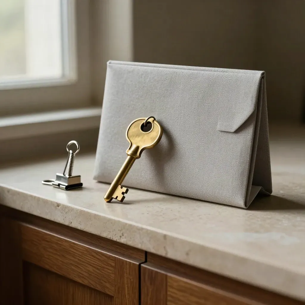 Brushed brass keys, metal clip and closed presentation folder on a pale stone shelf.