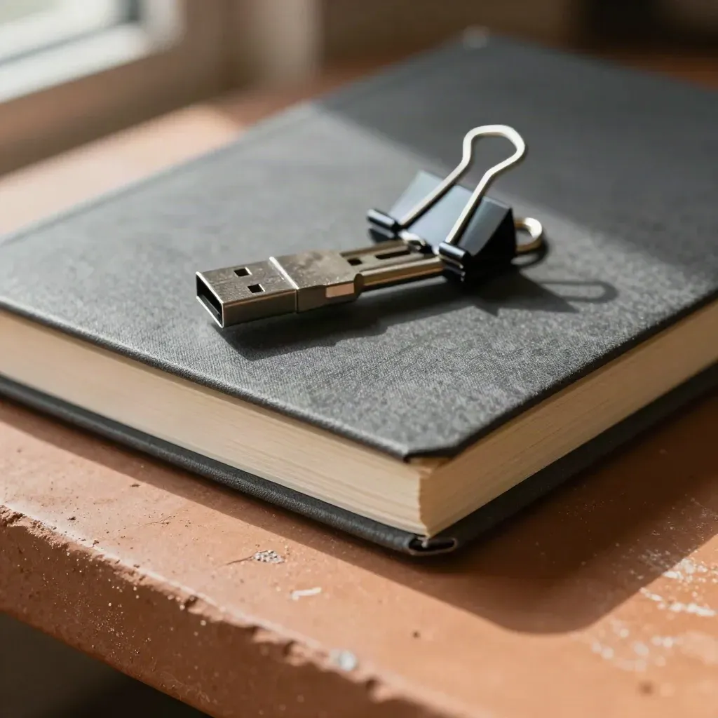 Closed notebook, USB security key and metal clip on terracotta with soft directional light