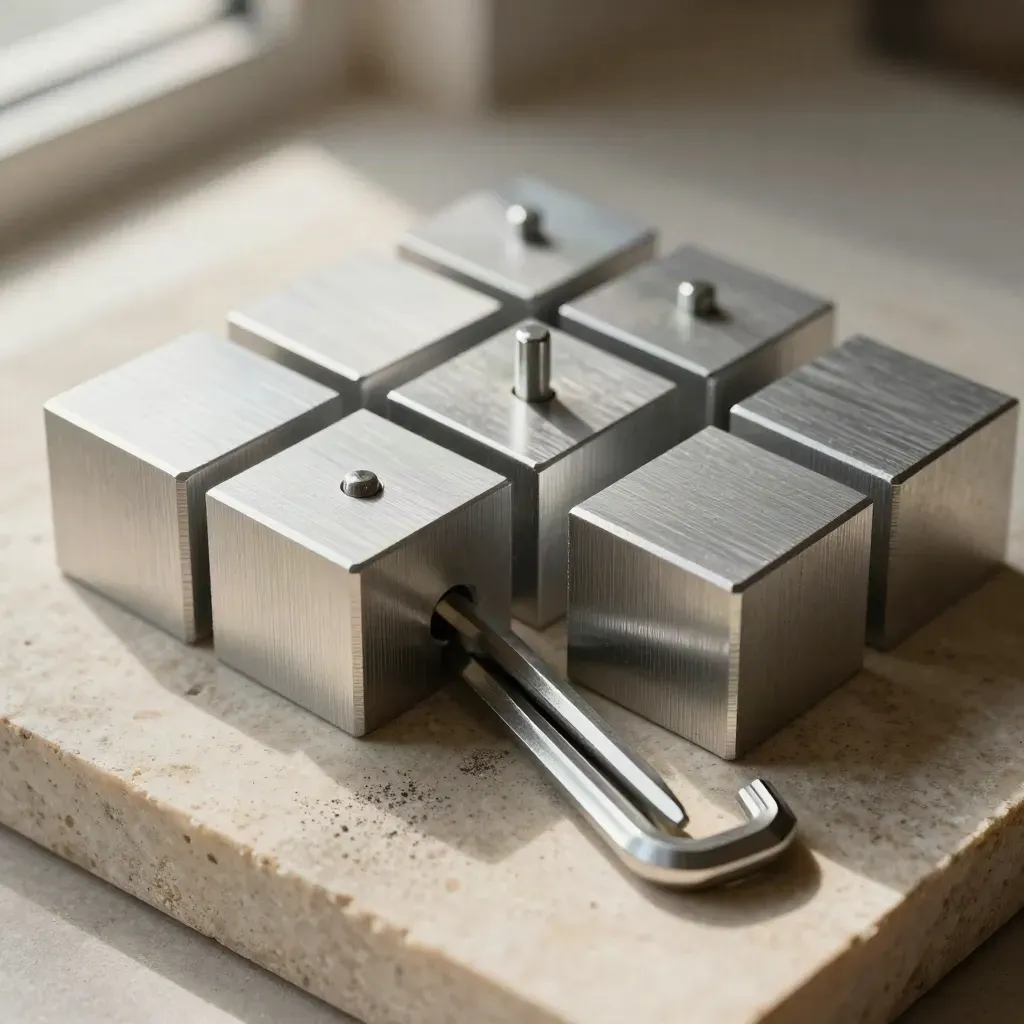 Overhead macro of aluminium blocks, precision pins and hex keys on warm limestone, softly lit.
