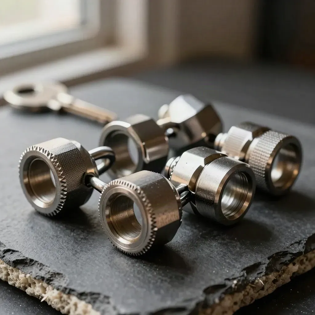 Macro still life of steel couplers, rings, and ferrules on dark graphite stone under dramatic light.