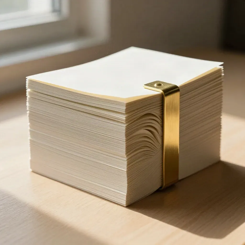 Top-down flatlay of paper tabs, polymer sheets and a brass clip on warm wood.