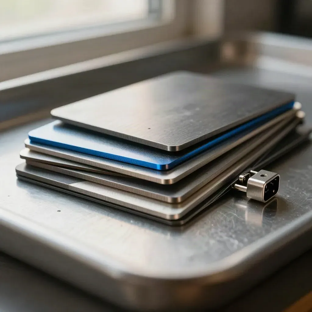 Macro of anodized metal sample chips and a small connector with electric-blue accent