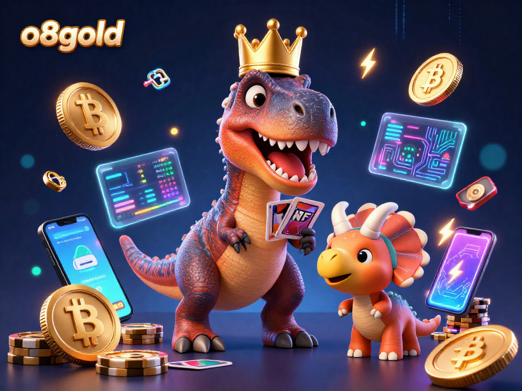 Experience thrilling casino action with o8gold in a vibrant 3D scene featuring cute cartoon dinosaurs.