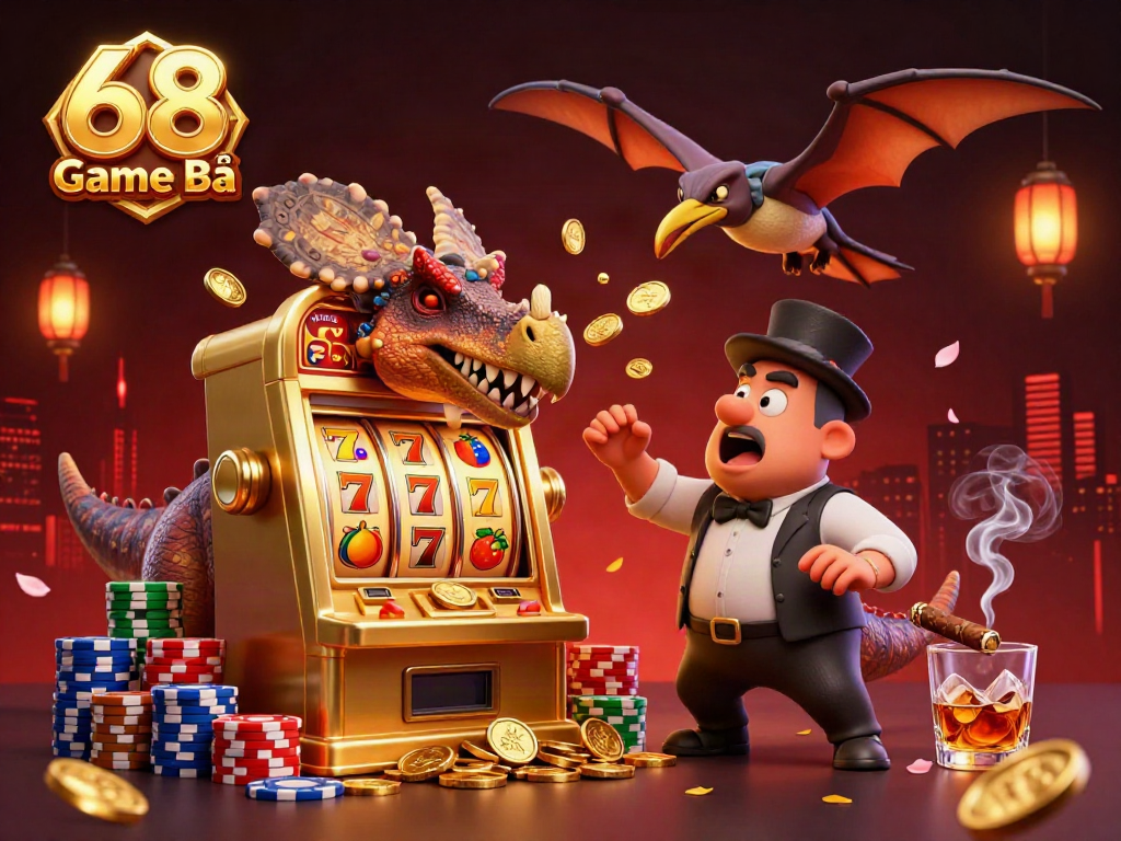 Catch golden coins in the exhilarating 68 Game Bài scene featuring a dinosaur headbutting a jackpot slot machine.