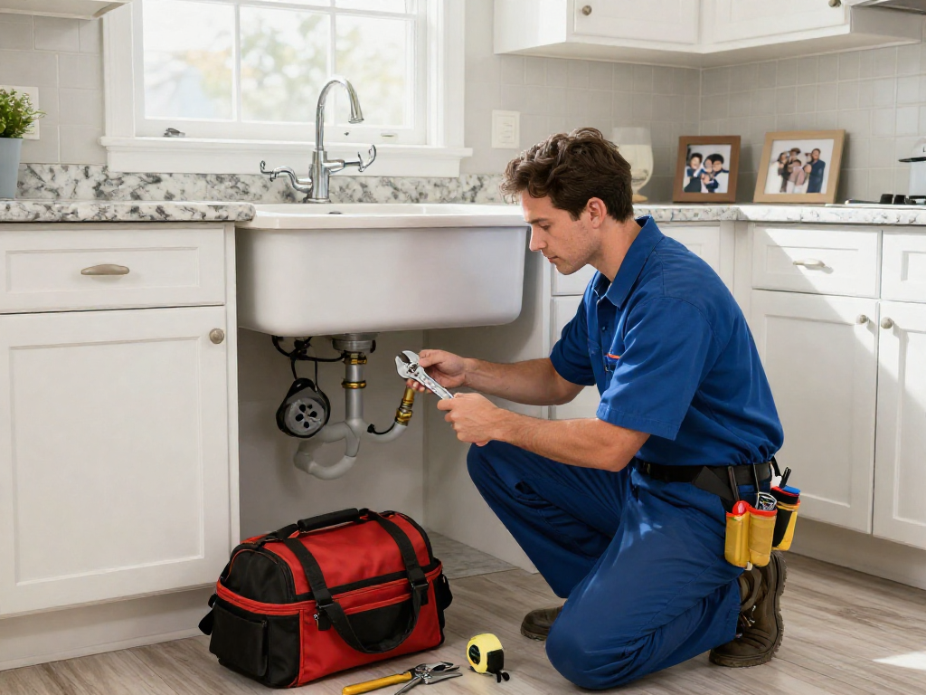 Expert plumbing service Fort Worth technician inspecting pipes under a kitchen sink.