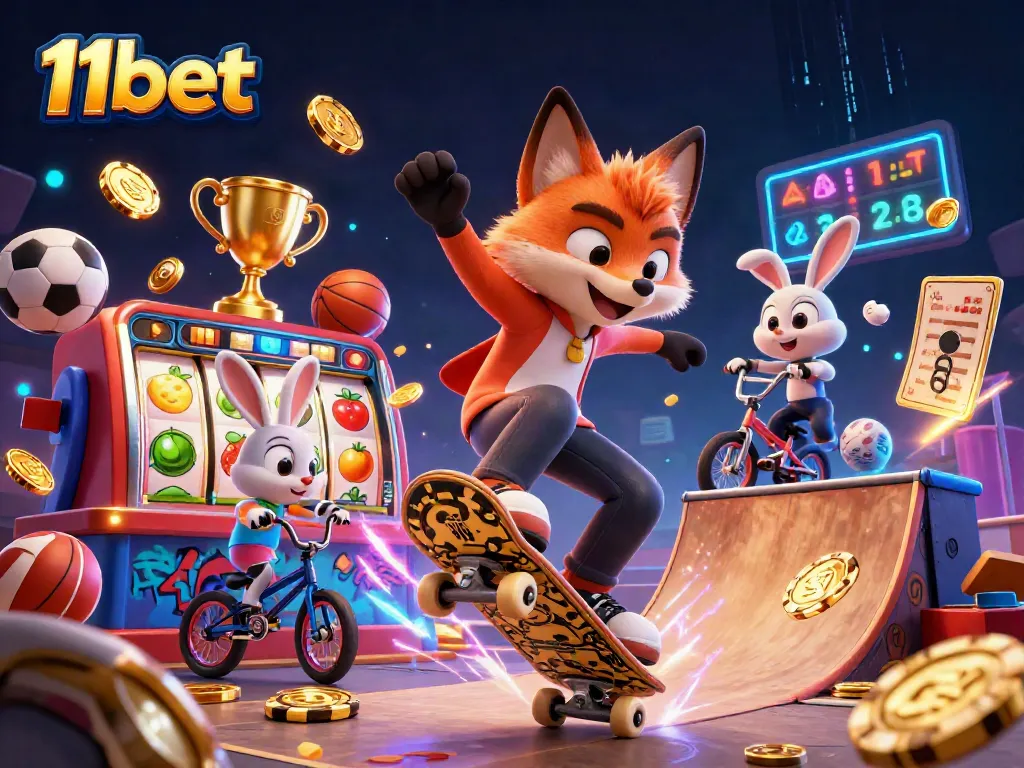 Experience thrilling gaming action with 11bet's vibrant casino illustration featuring a skateboarder fox.