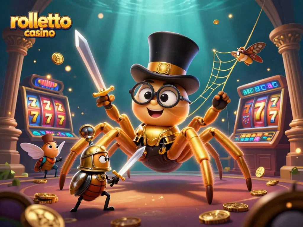 Experience the thrill of rolletto casino with a vivid illustration of a golden tarantula and beetle knight.