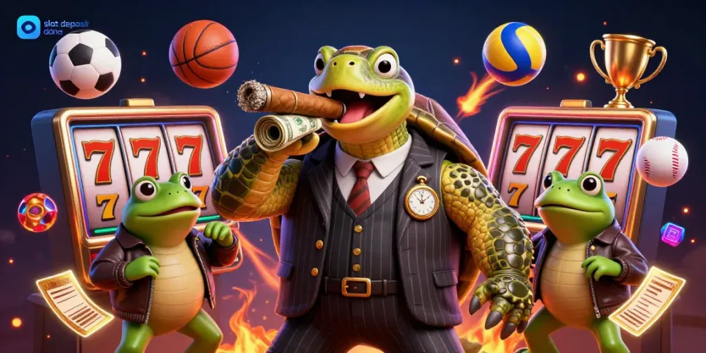 Spin to win with slot deposit dana in this vibrant scene featuring a cartoon turtle and bullfrog enforcers on a lively casino floor.