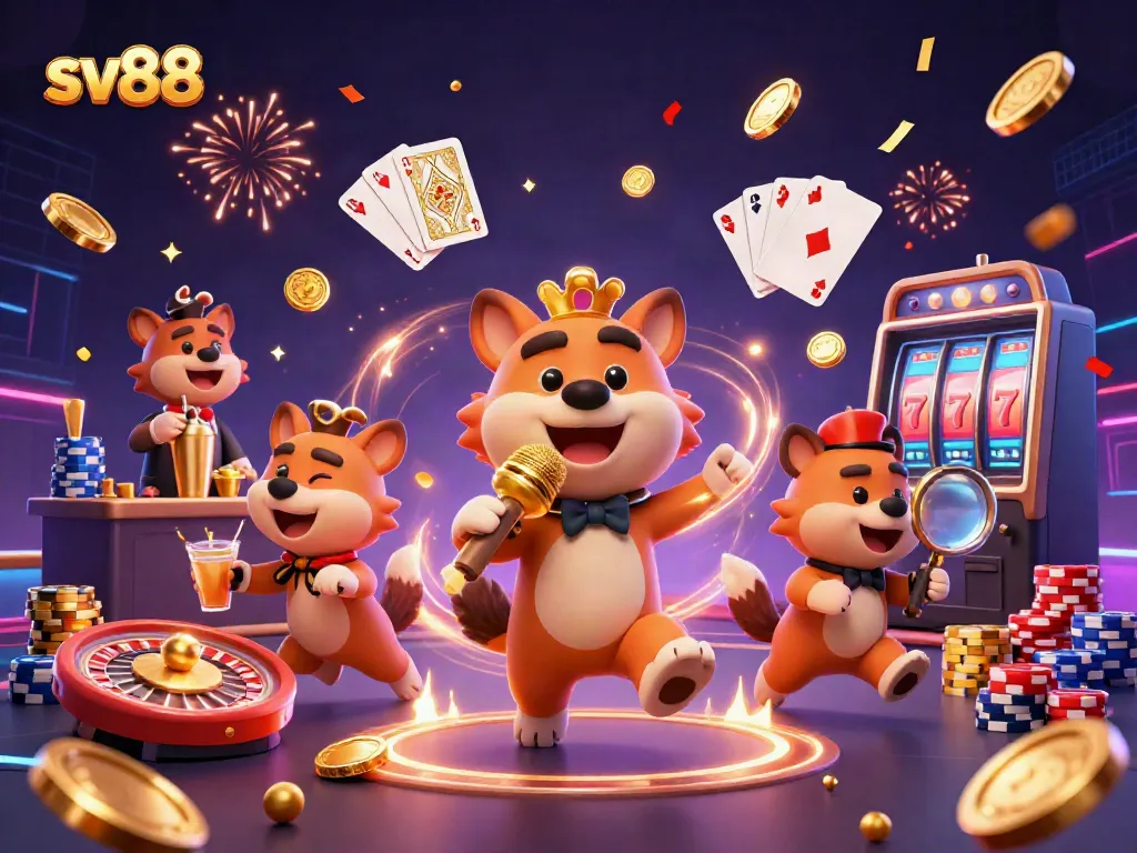 Enjoy exciting casino games at sv88 with friendly hyena characters and vibrant golden coins.