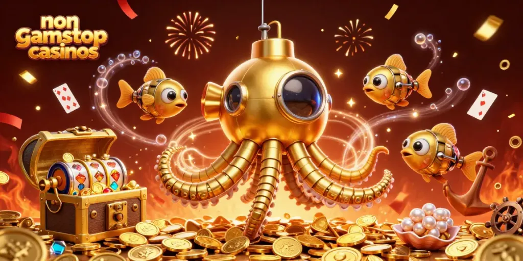 Experience adventurous gameplay at non gamstop casinos with a stunning golden kraken in a treasure scene.