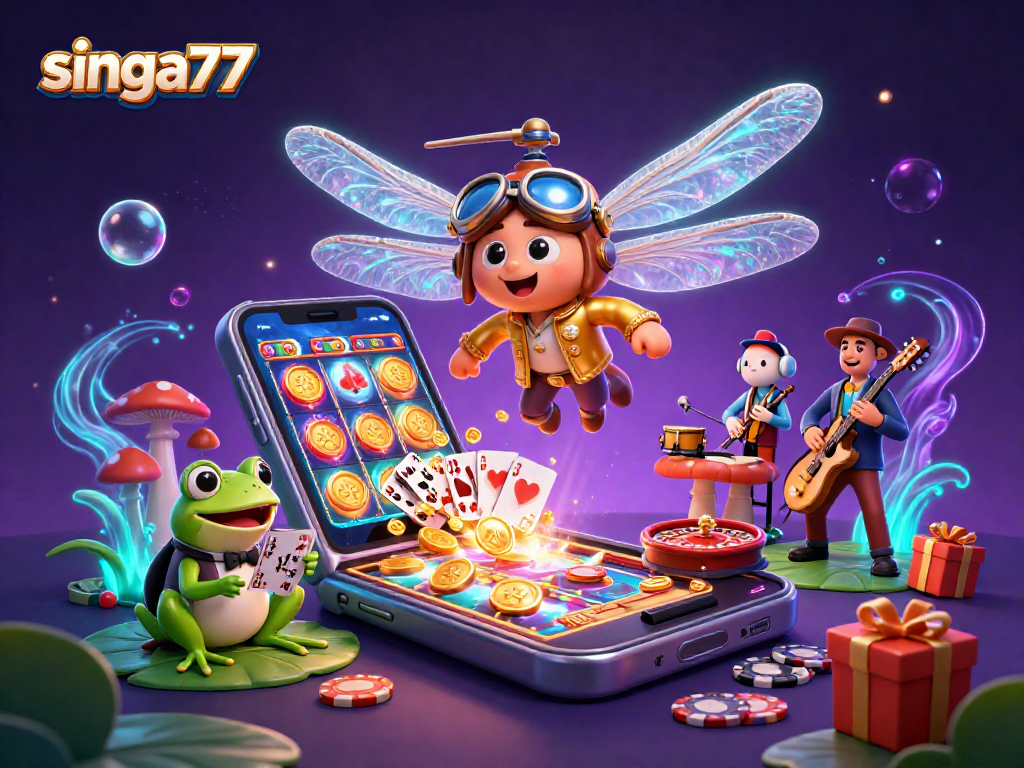 Singa77 showcases a vibrant casino scene with a dragonfly pilot, frog croupier, and musical crickets.