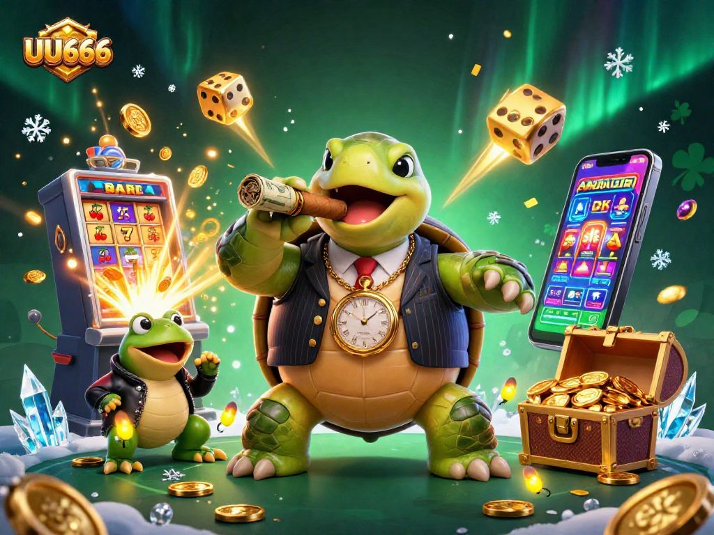 Play UU666's thrilling casino games with a massive turtle mobster and bullfrog enforcers amidst a jackpot explosion.