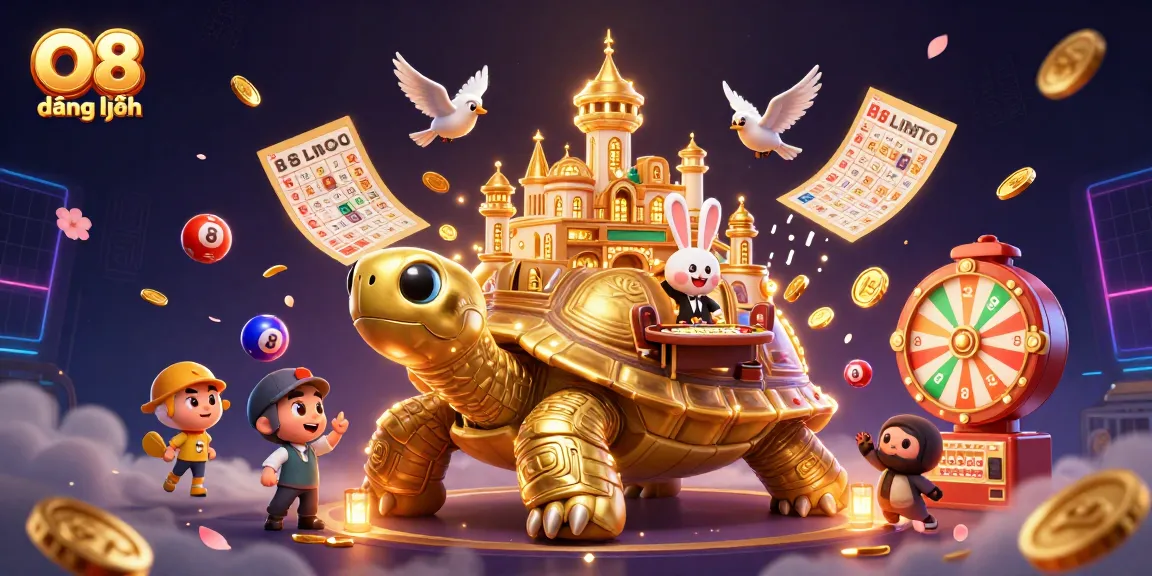 Engage in thrilling gameplay at O8 đăng nhập as colorful lottery balls bounce, surrounded by gold coins and a vibrant casino scene.