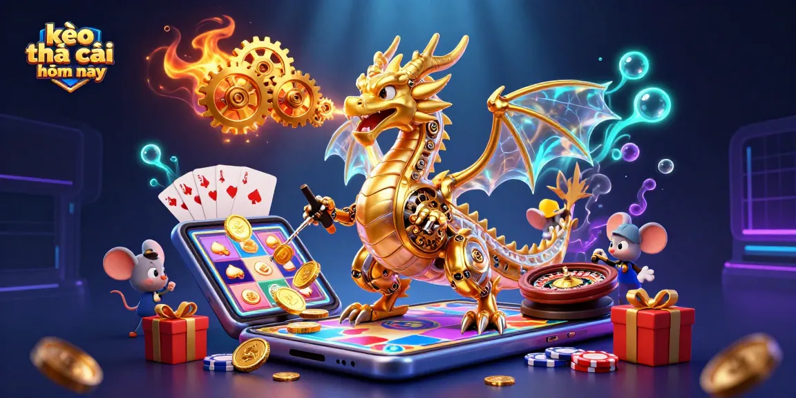 Bet on kèo nhà cái hôm nay with a vibrant 3D fantasy scene of a golden dragon amidst gambling elements.